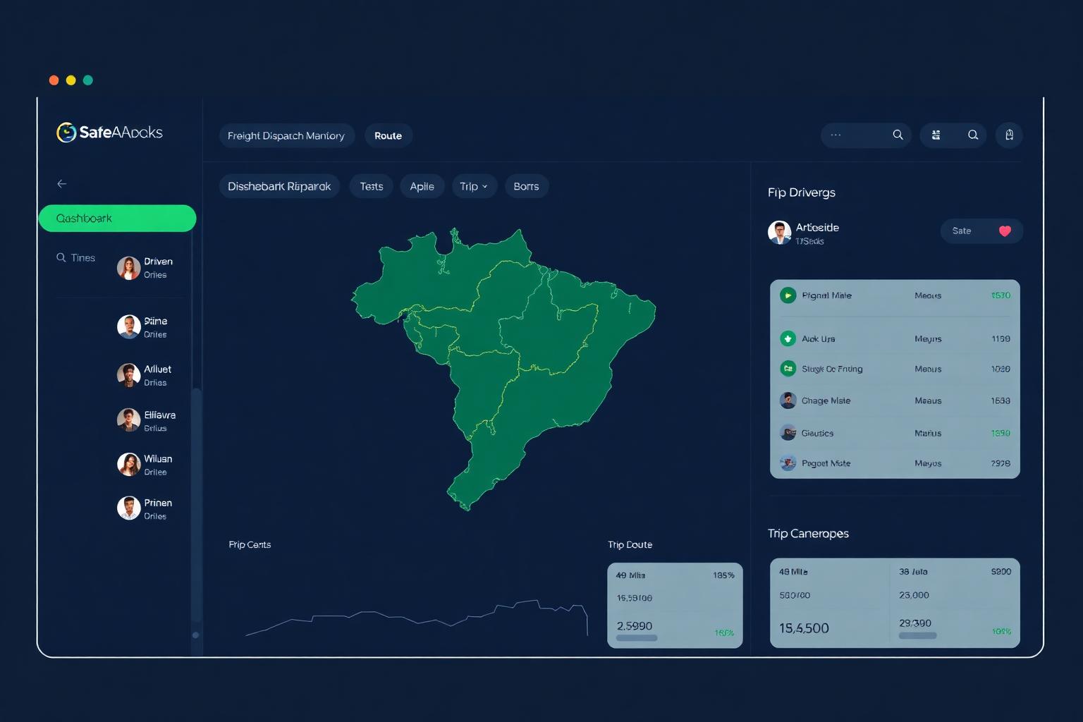 Painel do Escala Frete mostrando mapa do Brasil, motoristas e indicadores de viagens